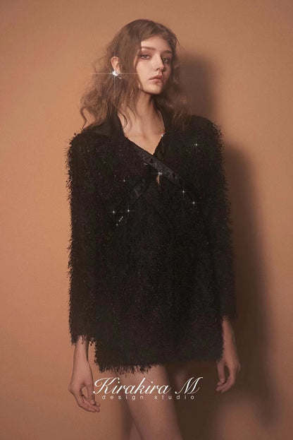 Kirakira.M Diamond Black Feather Coat