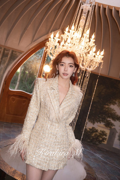 Kirakira.M Champagne glittering sequin tweed feather coat