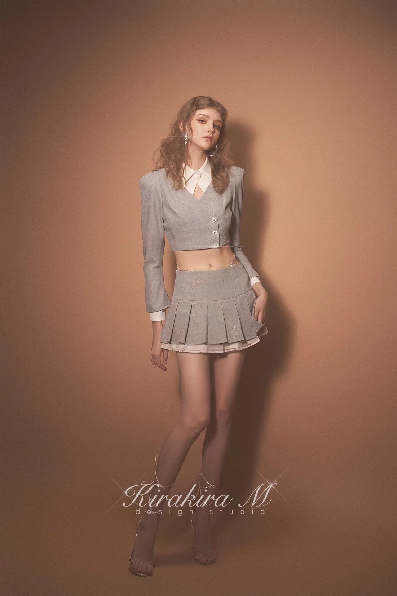 Kirakira.M Diamond Shiny Grey Short Suit And Skirt