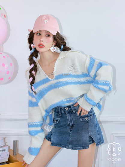 Kroche Rhinestone pin contrast stripe knit top