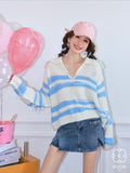 Kroche Rhinestone pin contrast stripe knit top