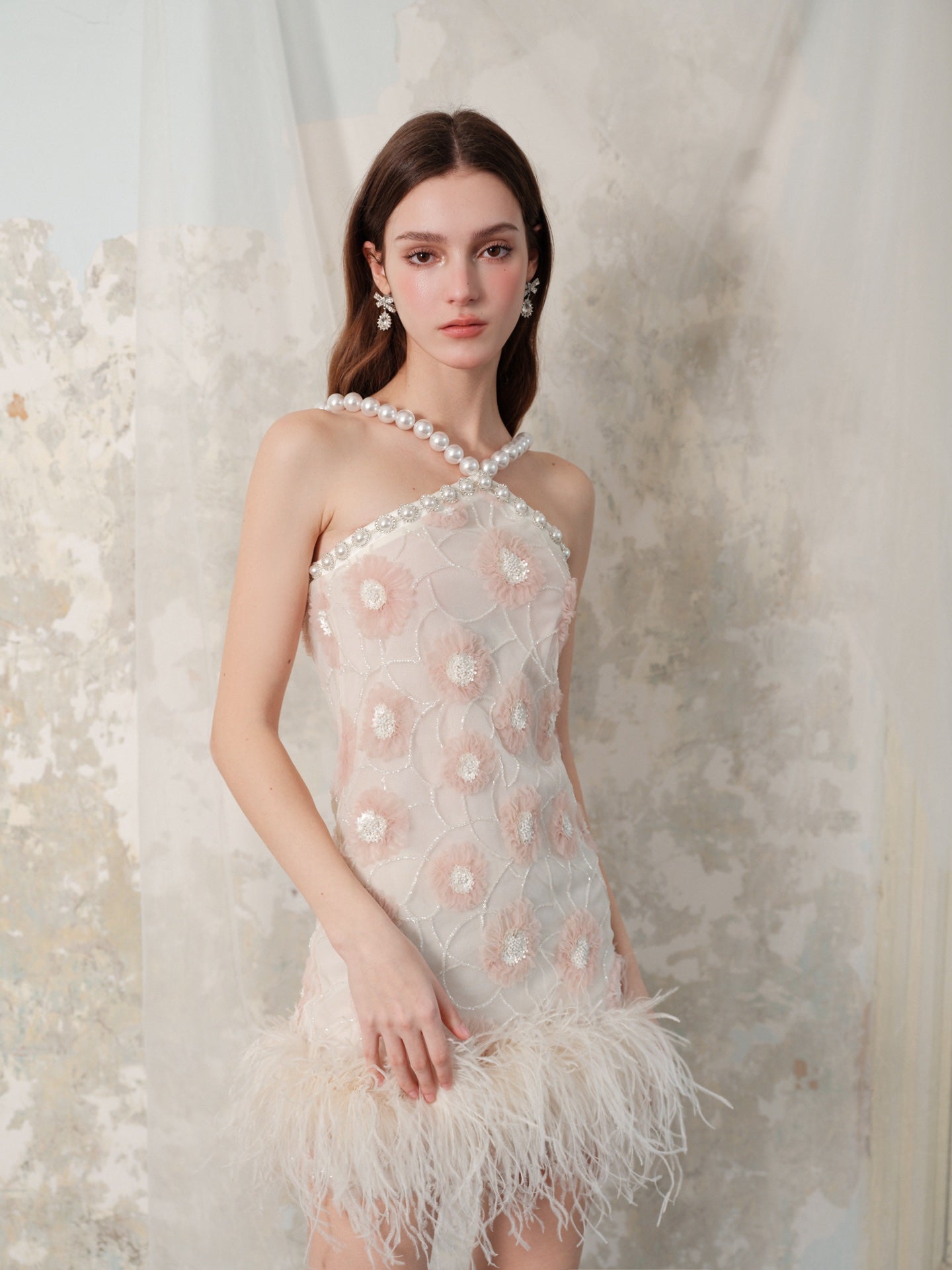 Wardrobes by Chen pearl slip dress with feathered hemline