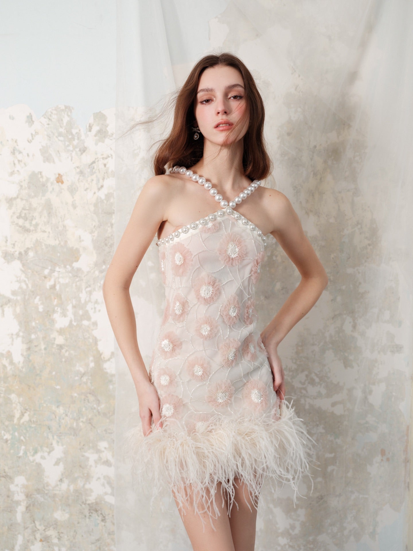 Wardrobes by Chen pearl slip dress with feathered hemline