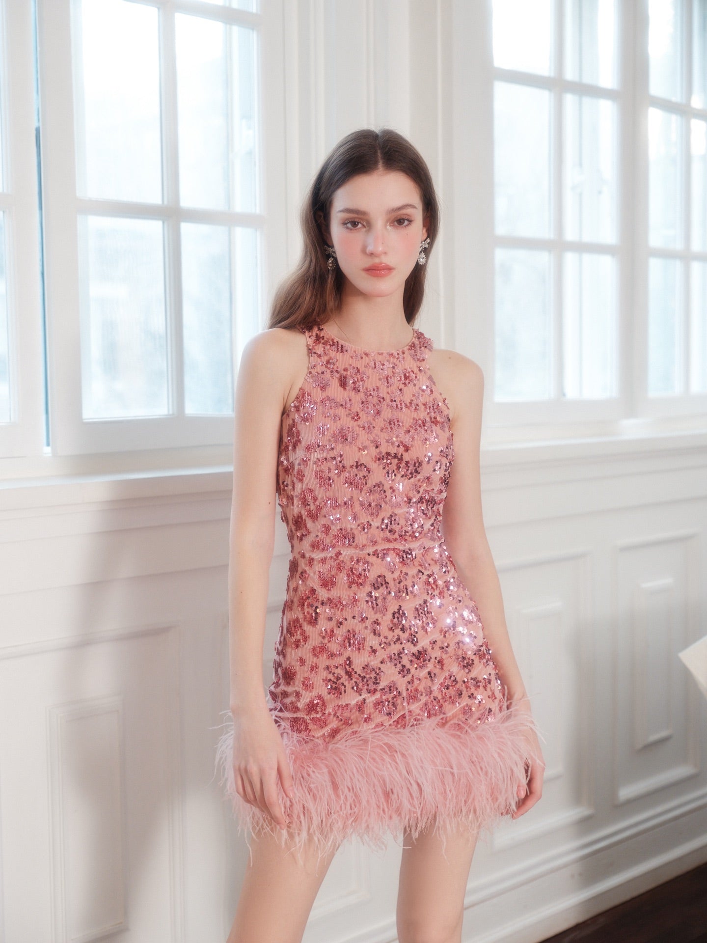 Wardrobes by Chen Peach Pink sequin mini-dress