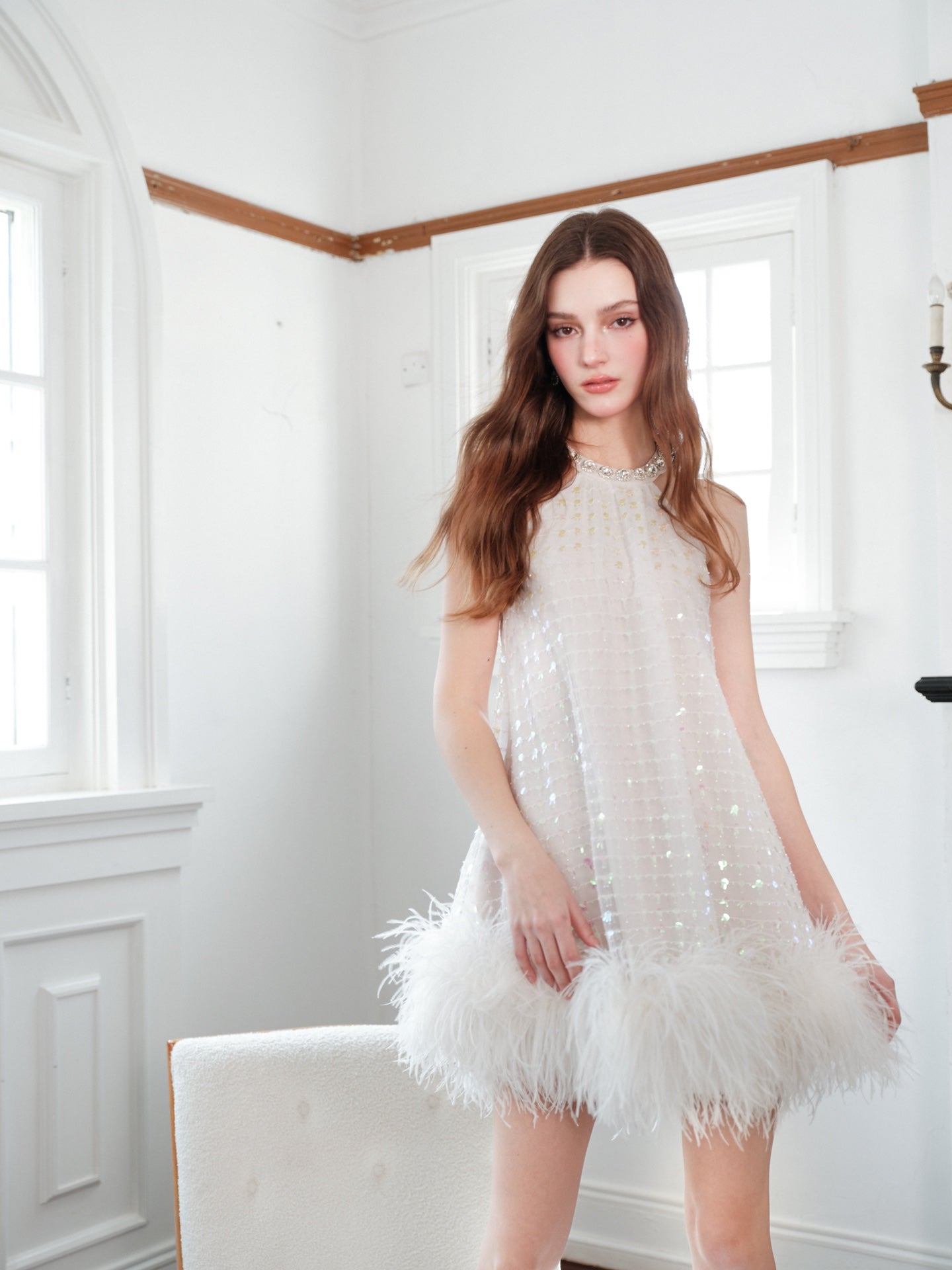 Wardrobes by Chenr sequin feather hallte mini-dress