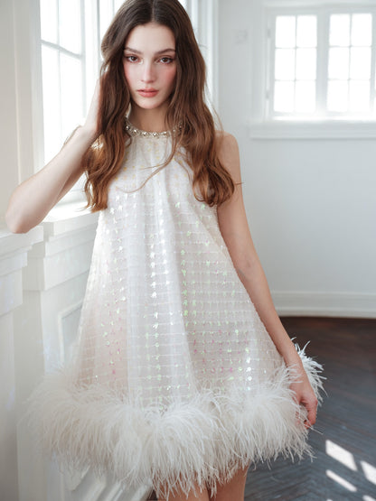 Wardrobes by Chenr sequin feather hallte mini-dress