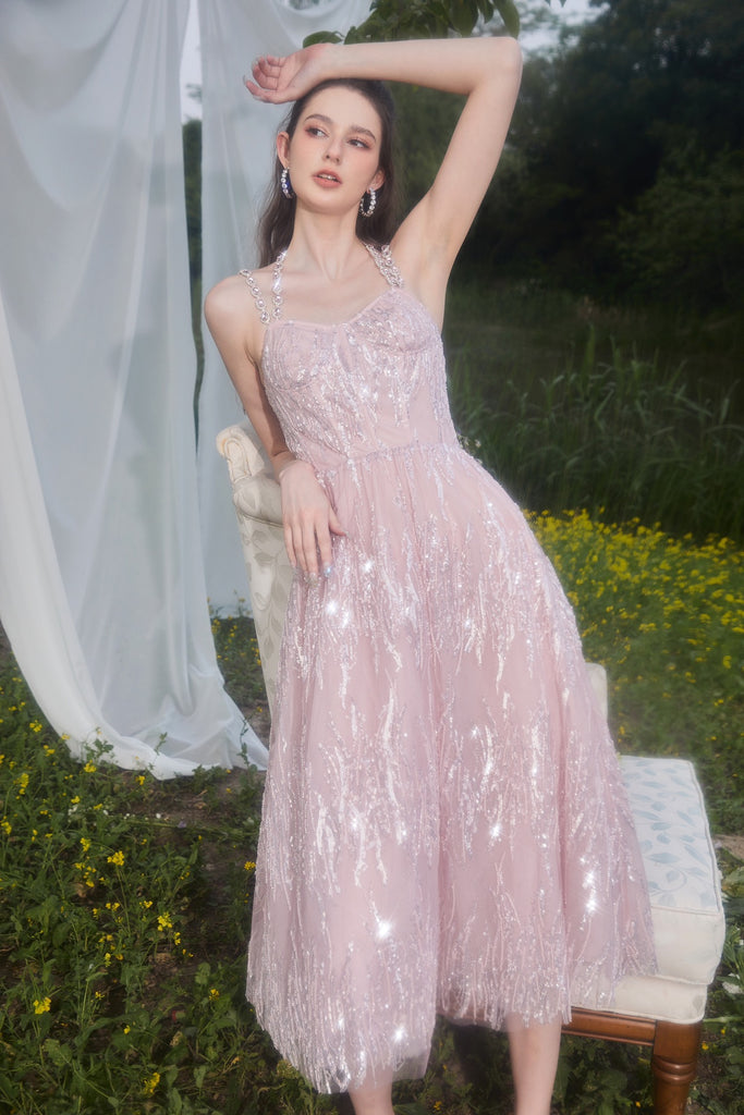 wardrobes by chen pink meteor diamond chain midi dress