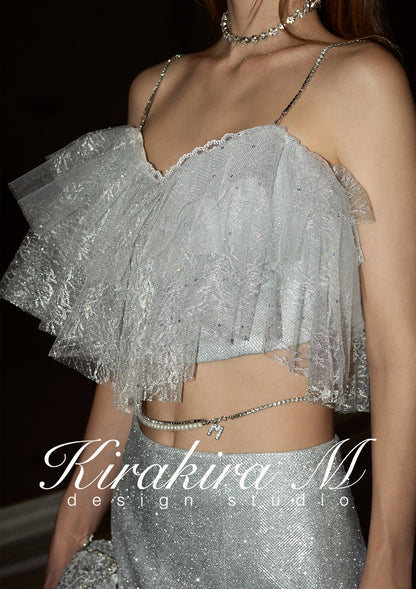 Kirakira.M Silver sparkling layered lace top OR shorts